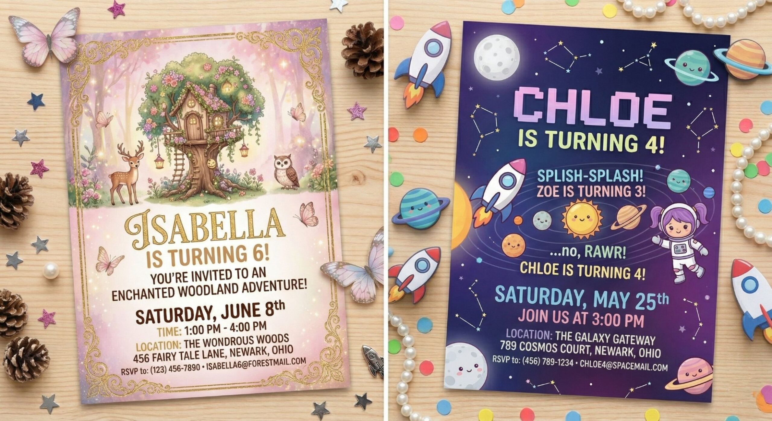 Woodland and space birthday invitations