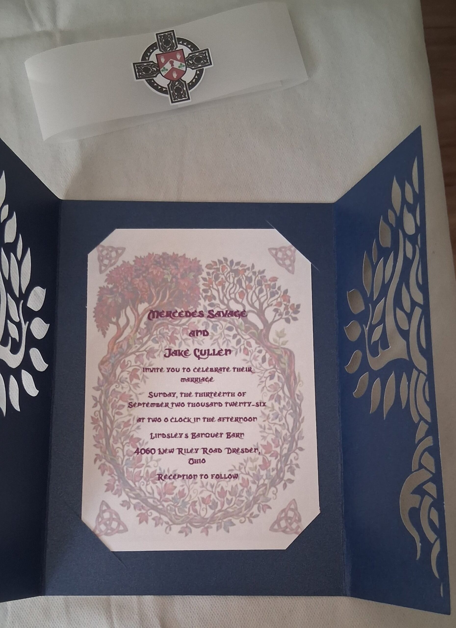 Celtic wedding gatefold invitation opened